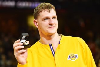 Los Angeles Lakers center Timofey Mozgov with his championship ring before the game between the Cleveland Cavaliers and the Los Angeles Lakers at Quicken Loans Arena.
