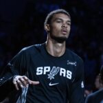 Spurs forward/center Victor Wembanyama is introduced before the game against the Toronto Raptors at Frost Bank Center