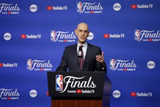 Oklahoma City, Oklahoma, USA; NBA commissioner Adam Silver speaks to the media before Game 1 between the Oklahoma City Thunder and the Indiana Pacers of the 2025 NBA Finals at Paycom Center. Mandatory Credit: Alonzo Adams-Imagn Images
