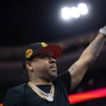 Philadelphia, Pennsylvania, USA; Former Philadelphia 76ers and Hall of Fame member Allen Iverson is introduced during the second quarter against the Brooklyn Nets at Wells Fargo Center. Mandatory Credit: Bill Streicher-Imagn Images