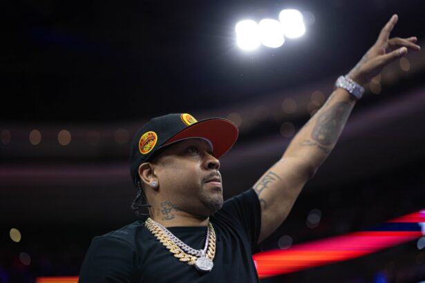 Philadelphia, Pennsylvania, USA; Former Philadelphia 76ers and Hall of Fame member Allen Iverson is introduced during the second quarter against the Brooklyn Nets at Wells Fargo Center. Mandatory Credit: Bill Streicher-Imagn Images