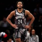 Brooklyn, New York, USA; Brooklyn Nets guard Cam Thomas (24) reacts during the second quarter against the Portland Trail Blazers at Barclays Center. Mandatory Credit: Brad Penner-Imagn Images