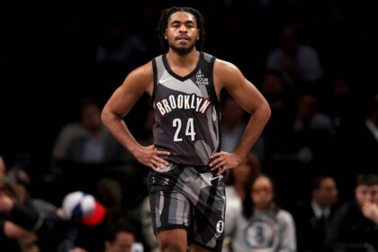 Brooklyn, New York, USA; Brooklyn Nets guard Cam Thomas (24) reacts during the second quarter against the Portland Trail Blazers at Barclays Center. Mandatory Credit: Brad Penner-Imagn Images