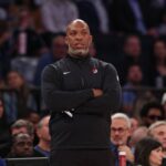 New York, New York, USA; Portland Trail Blazers head coach Chauncey Billups looks on during the first half against the New York Knicks at Madison Square Garden. Mandatory Credit: Vincent Carchietta-Imagn Images