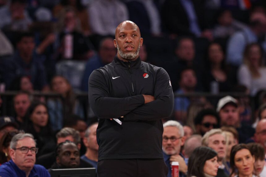 New York, New York, USA; Portland Trail Blazers head coach Chauncey Billups looks on during the first half against the New York Knicks at Madison Square Garden. Mandatory Credit: Vincent Carchietta-Imagn Images