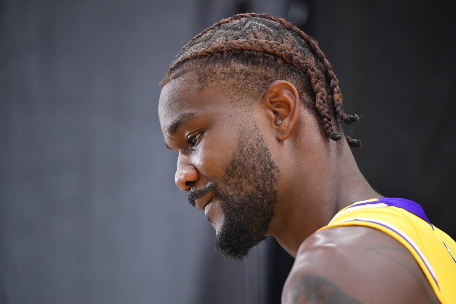 Los Angeles, CA, USA; Los Angeles Lakers center Deandre Ayton (5) during media day at UCLA Health Training Center. Mandatory Credit: Gary A. Vasquez-Imagn Images