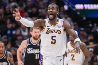 Sacramento, California, USA; Los Angeles Lakers center Deandre Ayton (5) reacts to a call during the fourth quarter of the game against the Sacramento Kings at Golden 1 Center. Mandatory Credit: Ed Szczepanski-Imagn Images