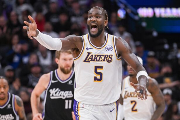 Sacramento, California, USA; Los Angeles Lakers center Deandre Ayton (5) reacts to a call during the fourth quarter of the game against the Sacramento Kings at Golden 1 Center. Mandatory Credit: Ed Szczepanski-Imagn Images