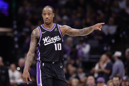 Sacramento, California, USA; Sacramento Kings forward/guard DeMar DeRozan (10) gestures between plays against the Utah Jazz during the second quarter at Golden 1 Center. Mandatory Credit: Kelley L Cox-Imagn Images