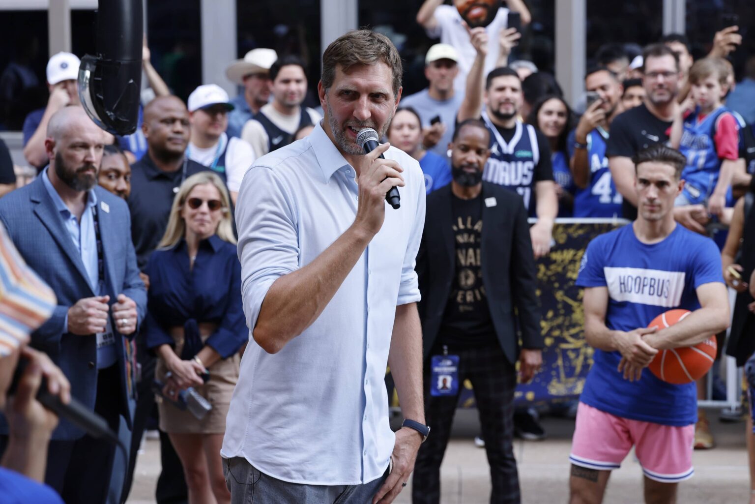 Dallas, Texas, USA; Former NBA player Dirk Nowitzki before Game 3 of the 2024 NBA Finals between the Boston Celtics and Dallas Mavericks at American Airlines Center. Mandatory Credit: Jerome Miron-Imagn Images
