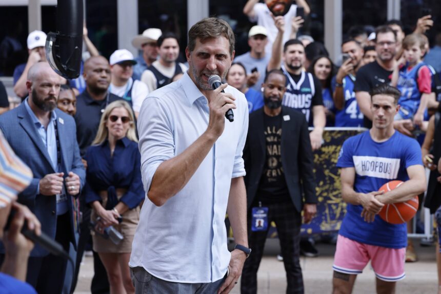 Dallas, Texas, USA; Former NBA player Dirk Nowitzki before Game 3 of the 2024 NBA Finals between the Boston Celtics and Dallas Mavericks at American Airlines Center. Mandatory Credit: Jerome Miron-Imagn Images