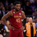 New York, New York, USA; Cleveland Cavaliers guard Donovan Mitchell (45) reacts during the fourth quarter against the New York Knicks at Madison Square Garden. Mandatory Credit: Brad Penner-Imagn Images