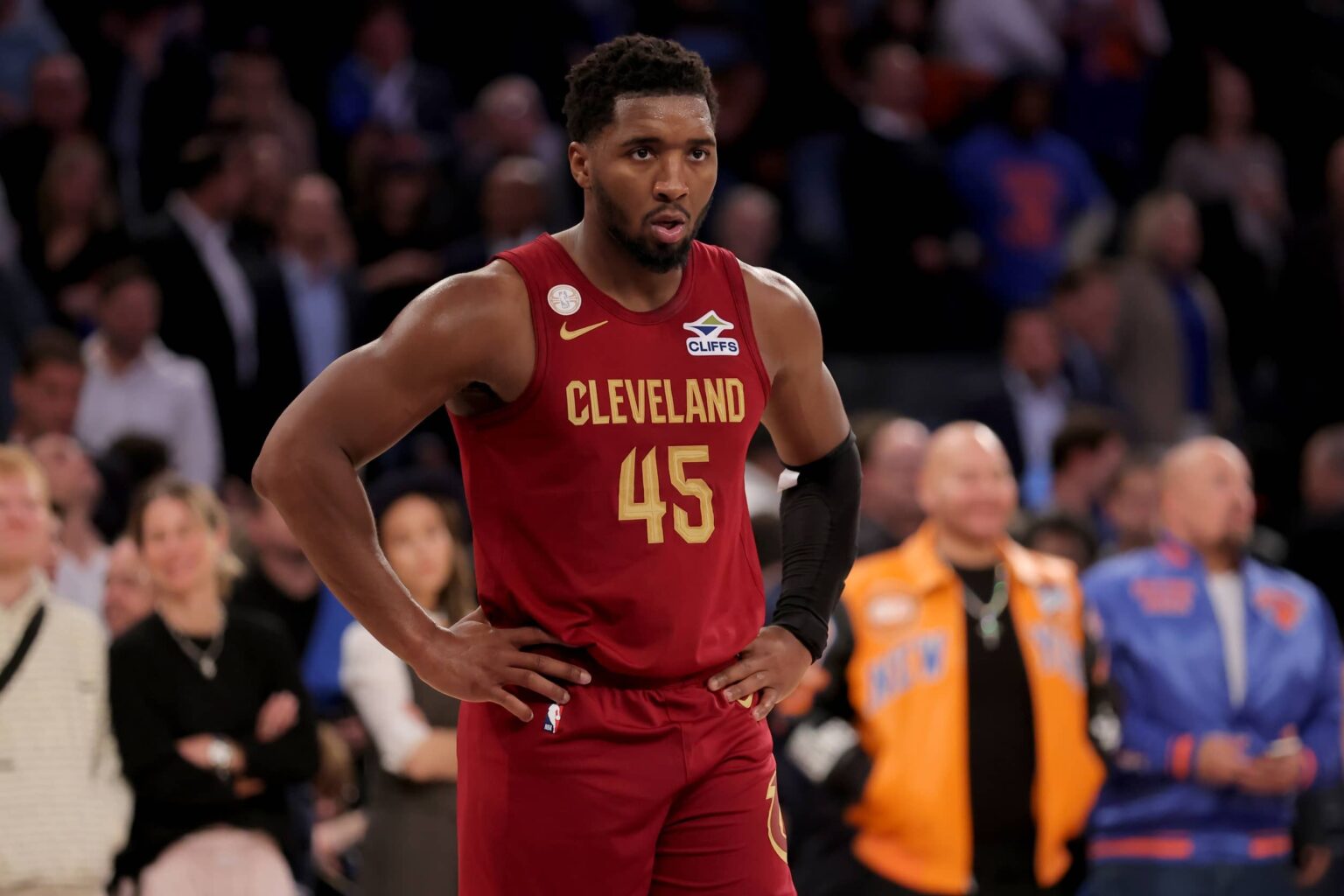 New York, New York, USA; Cleveland Cavaliers guard Donovan Mitchell (45) reacts during the fourth quarter against the New York Knicks at Madison Square Garden. Mandatory Credit: Brad Penner-Imagn Images