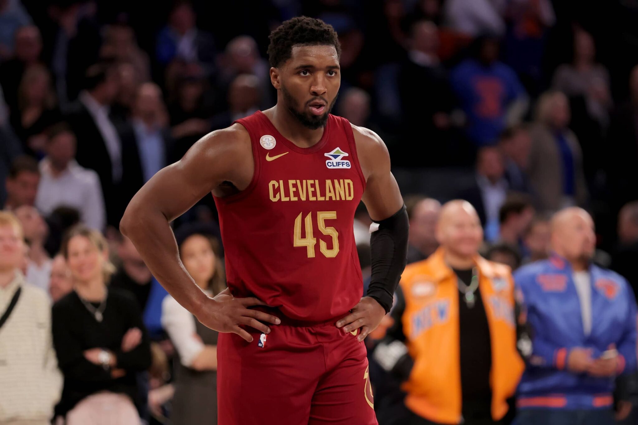 New York, New York, USA; Cleveland Cavaliers guard Donovan Mitchell (45) reacts during the fourth quarter against the New York Knicks at Madison Square Garden. Mandatory Credit: Brad Penner-Imagn Images