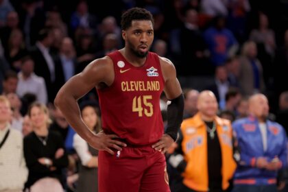 New York, New York, USA; Cleveland Cavaliers guard Donovan Mitchell (45) reacts during the fourth quarter against the New York Knicks at Madison Square Garden. Mandatory Credit: Brad Penner-Imagn Images