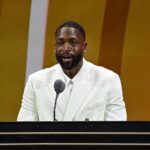 Springfield, MA, USA; Dwyane Wade gives his speech as he is inducted into the 2023 Basketball Hall of Fame at Symphony Hall. Mandatory Credit: Eric Canha-Imagn Images