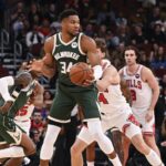 Chicago, Illinois, USA; Milwaukee Bucks forward Giannis Antetokounmpo (34) grabs the ball against the Chicago Bulls during the first half at the United Center. Mandatory Credit: Matt Marton-Imagn Images