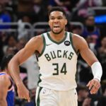 Milwaukee, Wisconsin, USA; Milwaukee Bucks forward Giannis Antetokounmpo (34) reacts after scoring a basket in the 3rd quarter against the New York Knicks at Fiserv Forum. Mandatory Credit: Benny Sieu-Imagn Images