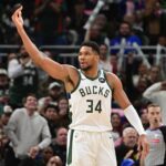 Milwaukee, Wisconsin, USA; Milwaukee Bucks forward Giannis Antetokounmpo (34) reacts after scoring a basket in the 3rd quarter against the New York Knicks at Fiserv Forum. Mandatory Credit: Benny Sieu-Imagn Images
