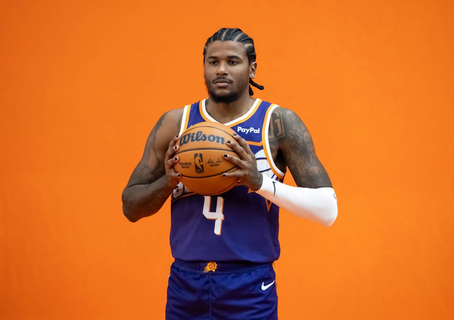 Phoenix, AZ, USA; Phoenix Suns guard Jalen Green (4) poses for portrait during Media Day at PHX Arena. Mandatory Credit: Mark J. Rebilas-Imagn Images