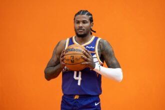 Phoenix, AZ, USA; Phoenix Suns guard Jalen Green (4) poses for portrait during Media Day at PHX Arena. Mandatory Credit: Mark J. Rebilas-Imagn Images