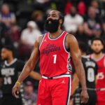 Inglewood, California, USA; LA Clippers guard James Harden (1) reacts against the San Antonio Spurs in the first half at Intuit Dome. Mandatory Credit: Kirby Lee-Imagn Images