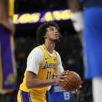 Las Vegas, Nevada, USA; Los Angeles Lakers center Jaxson Hayes (11) shoots from the free throw line during the second half against the Dallas Mavericks at T-Mobile Arena. Mandatory Credit: Lucas Peltier-Imagn Images