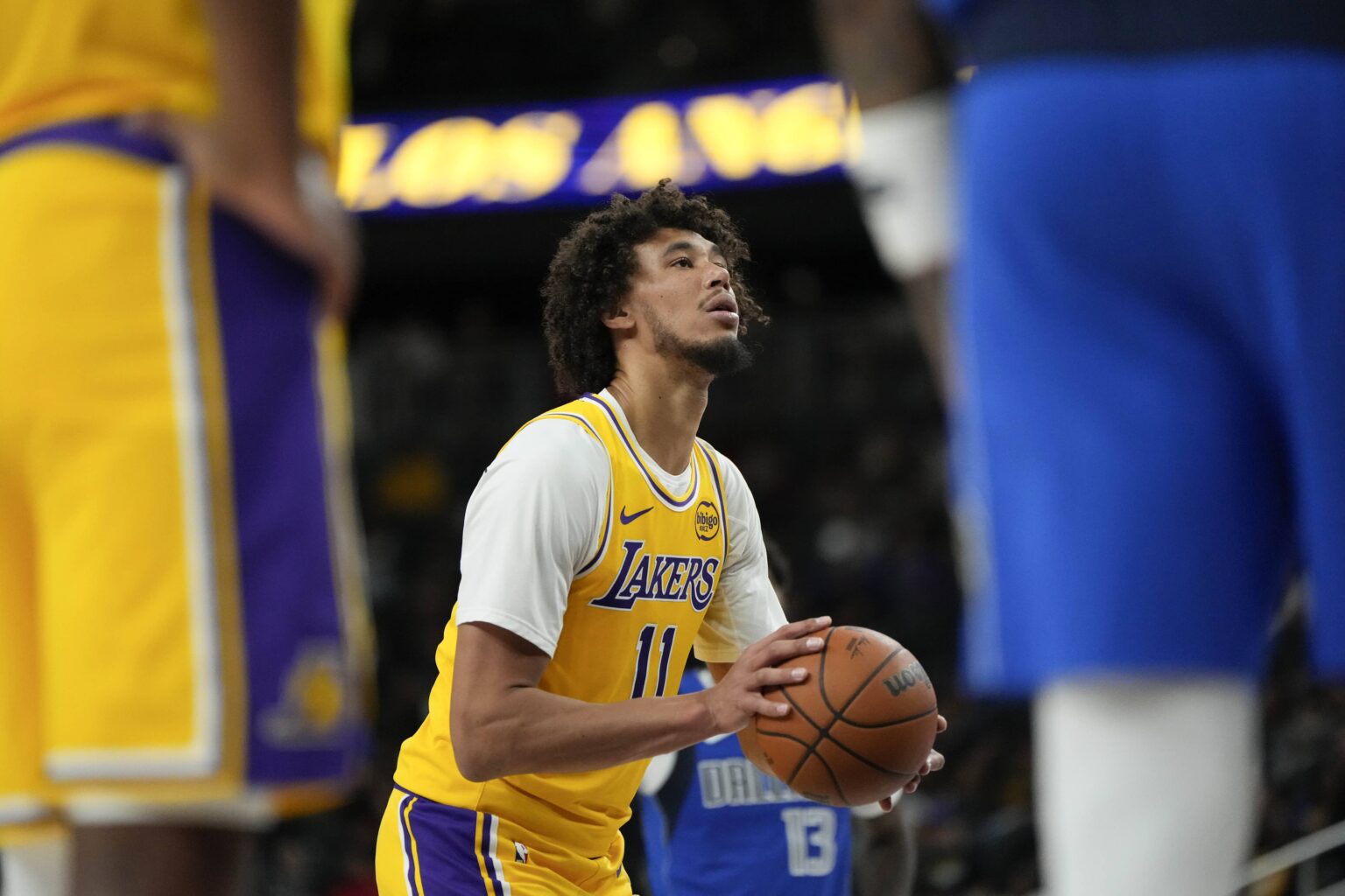 Las Vegas, Nevada, USA; Los Angeles Lakers center Jaxson Hayes (11) shoots from the free throw line during the second half against the Dallas Mavericks at T-Mobile Arena. Mandatory Credit: Lucas Peltier-Imagn Images