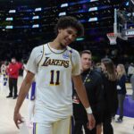 Los Angeles, California, USA; Los Angeles Lakers center Jaxson Hayes (11) leaves the court after the game against the Phoenix Suns at Crypto.com Arena. Mandatory Credit: Kirby Lee-Imagn Images
