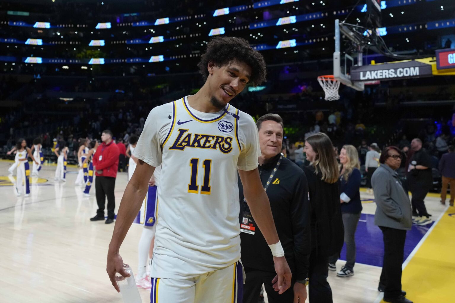 Los Angeles, California, USA; Los Angeles Lakers center Jaxson Hayes (11) leaves the court after the game against the Phoenix Suns at Crypto.com Arena. Mandatory Credit: Kirby Lee-Imagn Images