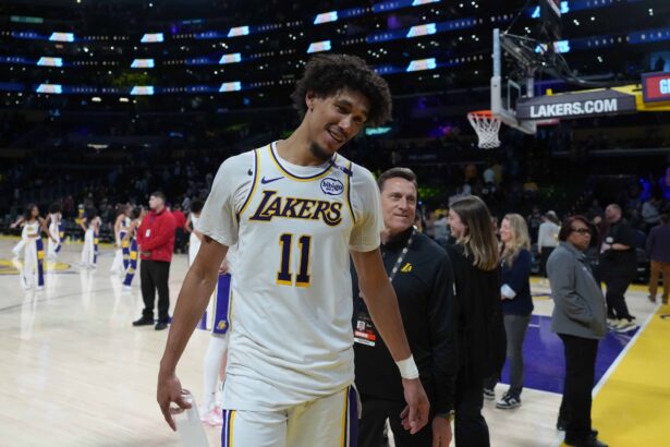 Los Angeles, California, USA; Los Angeles Lakers center Jaxson Hayes (11) leaves the court after the game against the Phoenix Suns at Crypto.com Arena. Mandatory Credit: Kirby Lee-Imagn Images