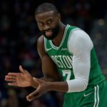 New Orleans, Louisiana, USA; Boston Celtics guard Jaylen Brown (7) reacts during the first half against the New Orleans Pelicans at Smoothie King Center. Mandatory Credit: Matthew Hinton-Imagn Images