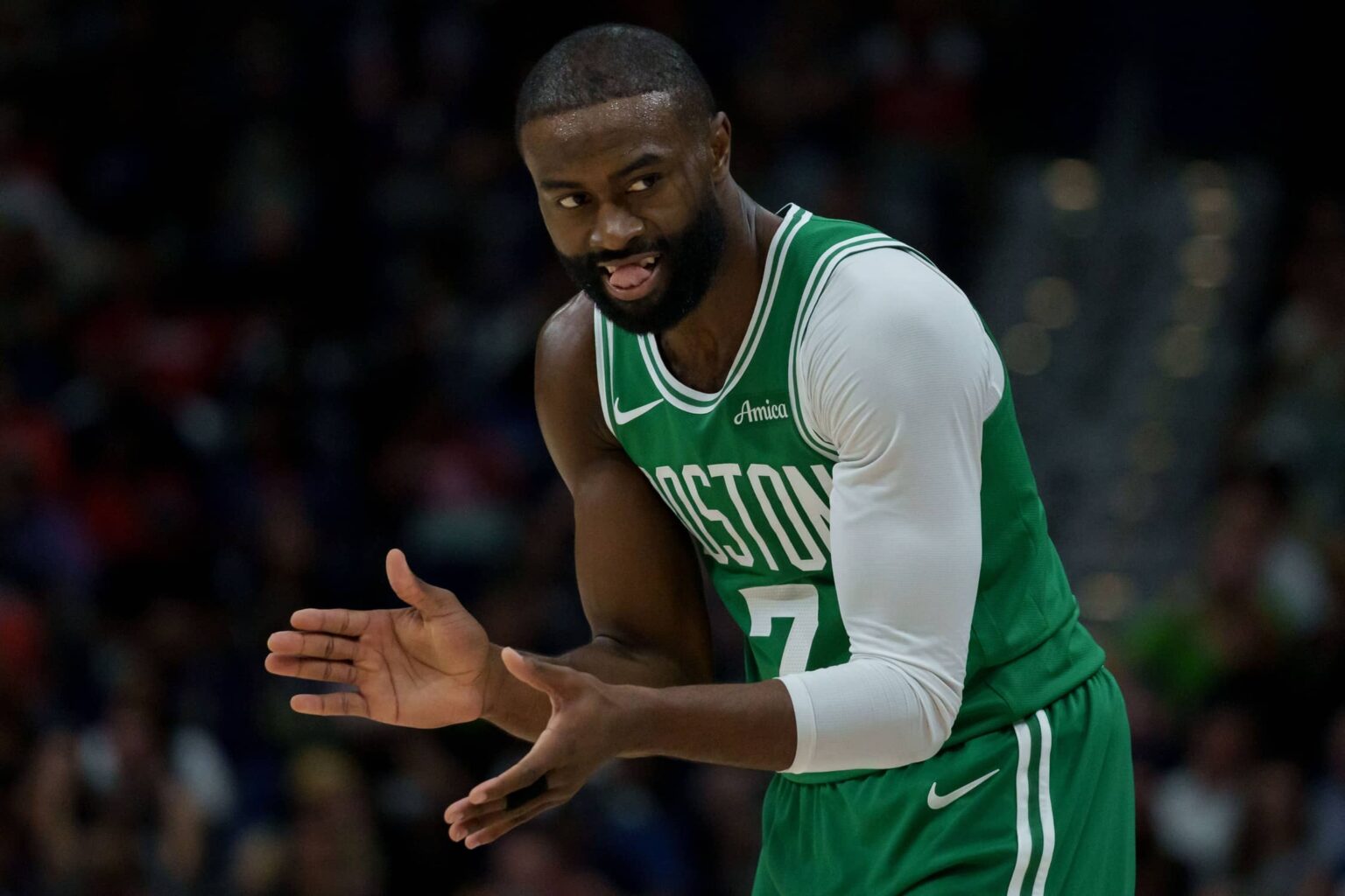 New Orleans, Louisiana, USA; Boston Celtics guard Jaylen Brown (7) reacts during the first half against the New Orleans Pelicans at Smoothie King Center. Mandatory Credit: Matthew Hinton-Imagn Images