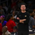 Los Angeles, California, USA; Los Angeles Lakers head coach JJ Redick on the sidelines against the Los Angeles Lakers during the second half at Crypto.com Arena. Mandatory Credit: Jonathan Hui-Imagn Images