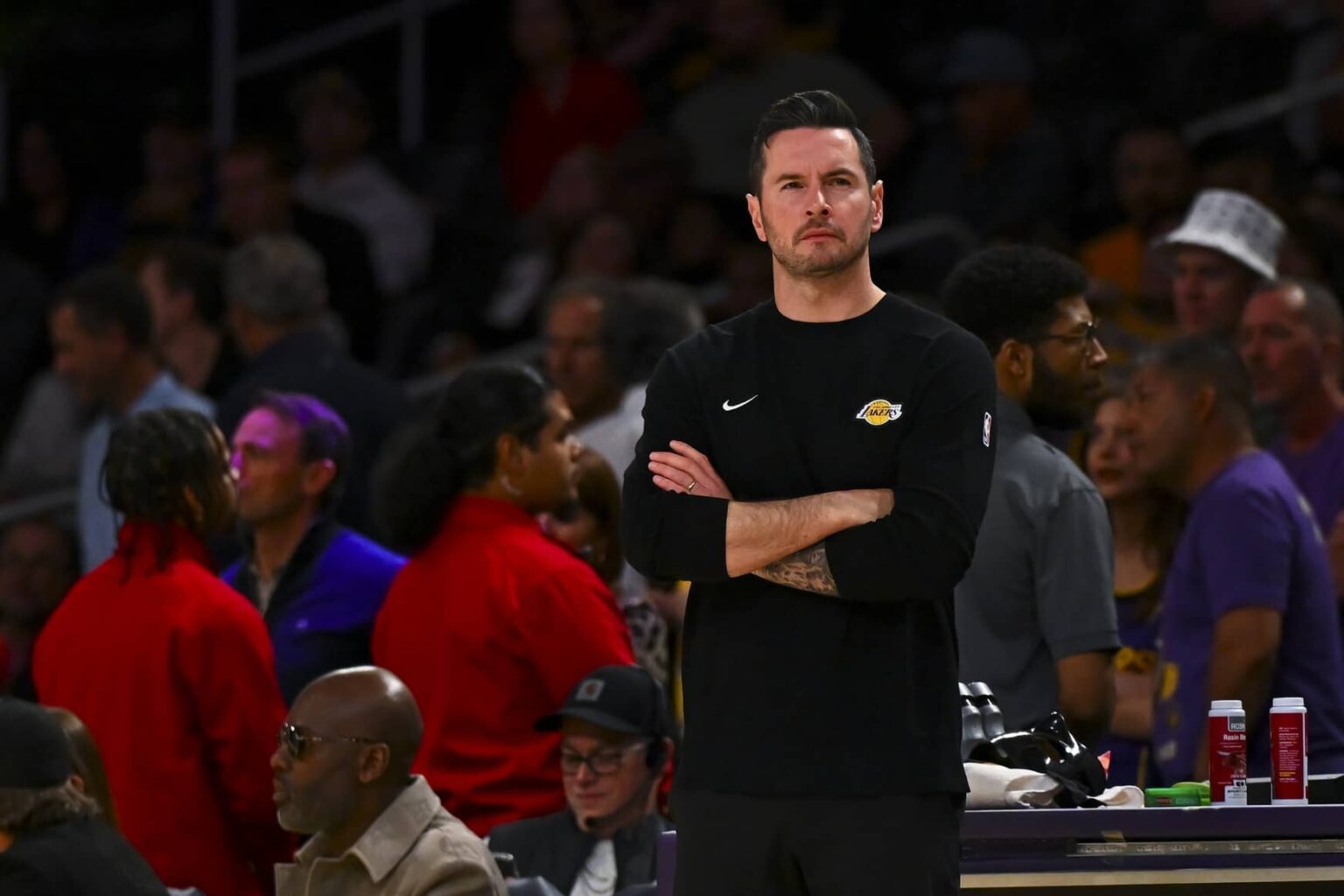 Los Angeles, California, USA; Los Angeles Lakers head coach JJ Redick on the sidelines against the Los Angeles Lakers during the second half at Crypto.com Arena. Mandatory Credit: Jonathan Hui-Imagn Images
