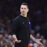 Oklahoma City, Oklahoma, USA; Los Angeles Lakers head coach JJ Redick gestures to his team during a play against the Oklahoma City Thunder during the second quarter at Paycom Center. Mandatory Credit: Alonzo Adams-Imagn Images