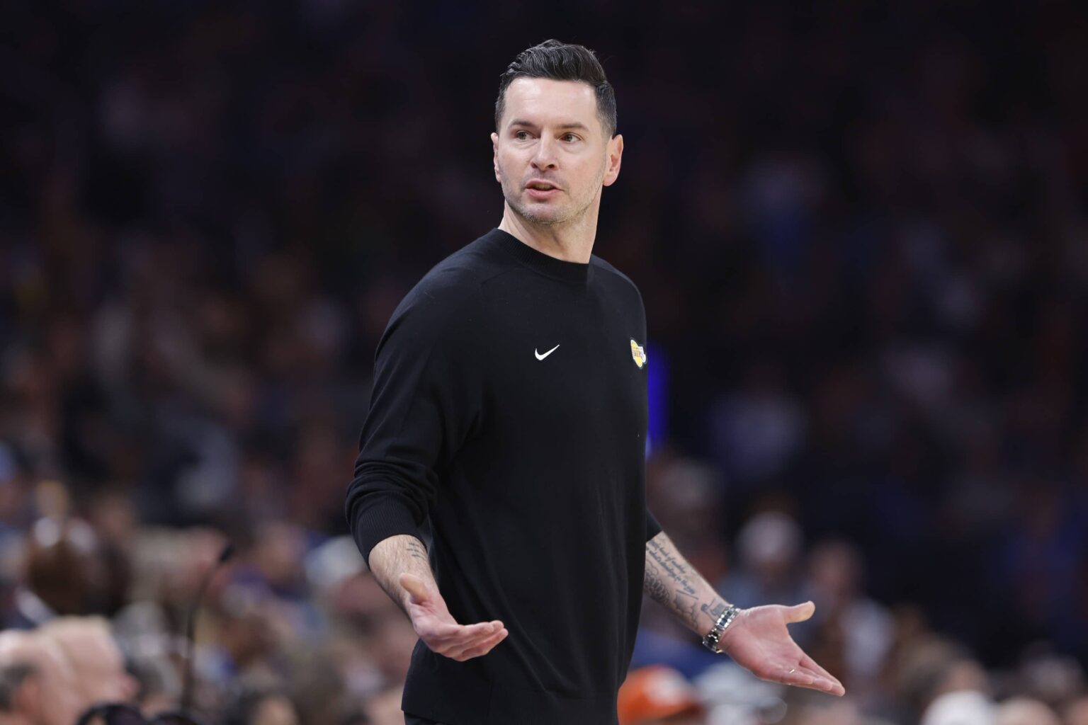 Oklahoma City, Oklahoma, USA; Los Angeles Lakers head coach JJ Redick gestures to his team during a play against the Oklahoma City Thunder during the second quarter at Paycom Center. Mandatory Credit: Alonzo Adams-Imagn Images