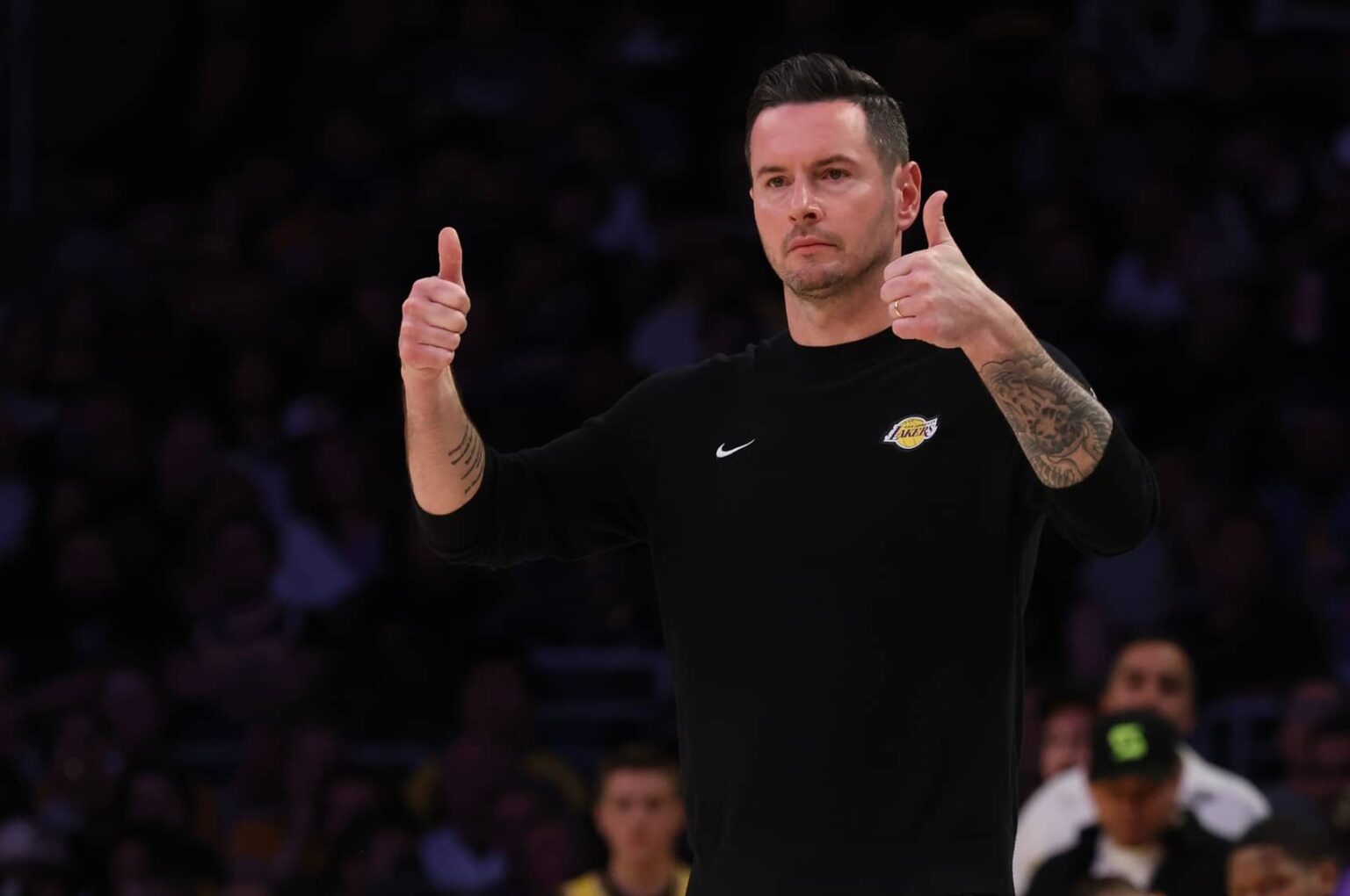 Los Angeles, California, USA; Los Angeles Lakers head coach JJ Redick during the third quarter against the Minnesota Timberwolves at Crypto.com Arena. Mandatory Credit: Jason Parkhurst-Imagn Images