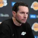 Los Angeles, California, USA; Los Angeles Lakers head coach JJ Redick at a press conference at Crypto.com Arena. Mandatory Credit: Kirby Lee-Imagn Images