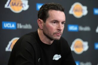 Los Angeles, California, USA; Los Angeles Lakers head coach JJ Redick at a press conference at Crypto.com Arena. Mandatory Credit: Kirby Lee-Imagn Images