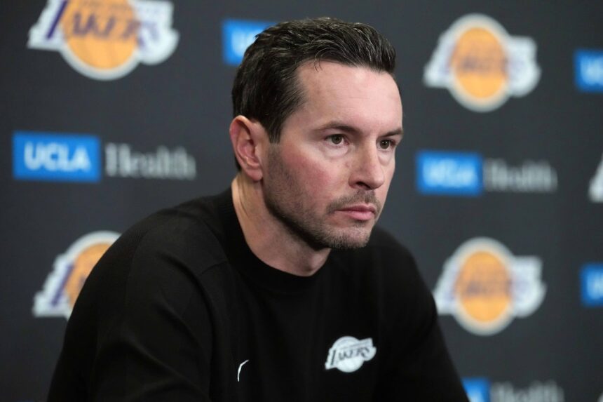 Los Angeles, California, USA; Los Angeles Lakers head coach JJ Redick at a press conference at Crypto.com Arena. Mandatory Credit: Kirby Lee-Imagn Images