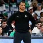 Memphis, Tennessee, USA; Boston Celtics head coach Joe Mazzulla looks on during the third quarter against the Memphis Grizzlies at FedExForum. Mandatory Credit: Petre Thomas-Imagn Images