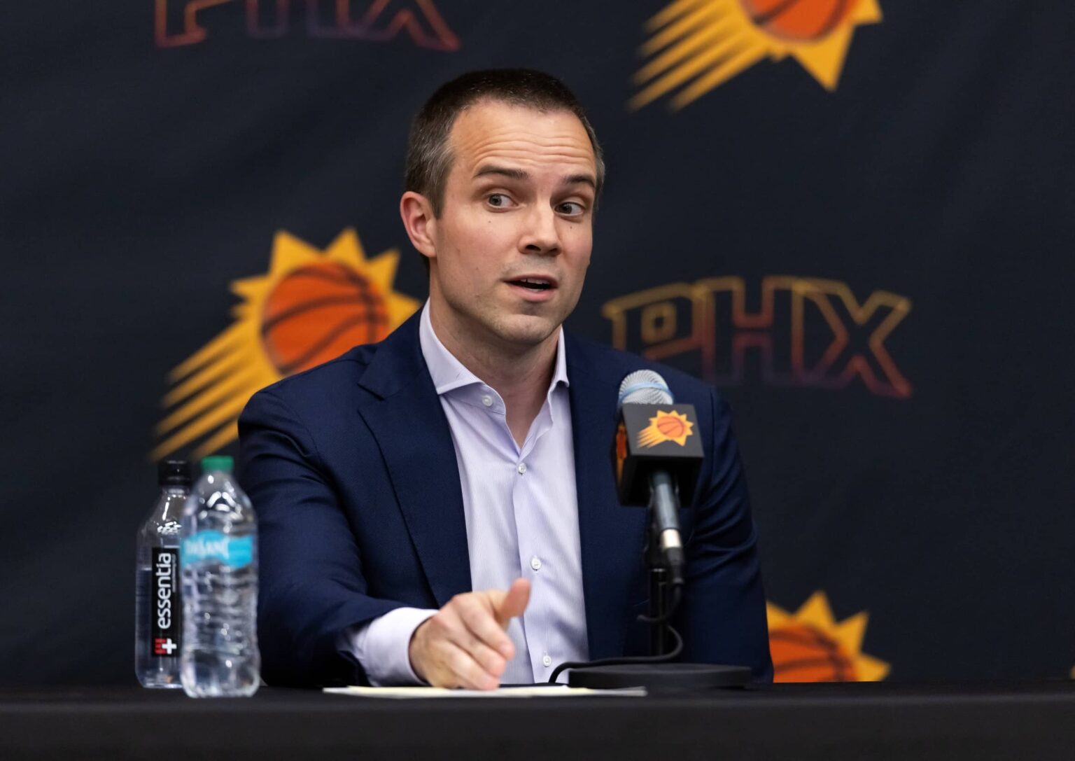 Scottsdale, AZ, USA; Phoenix Suns head coach Jordan Ott during an introductory press conference at the Verizon 5g Performance Center. Mandatory Credit: Mark J. Rebilas-Imagn Images