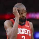 Houston, Texas, USA; Houston Rockets forward Kevin Durant (7) reacts after a play during the third quarter against the Detroit Pistons at Toyota Center. Mandatory Credit: Troy Taormina-Imagn Images