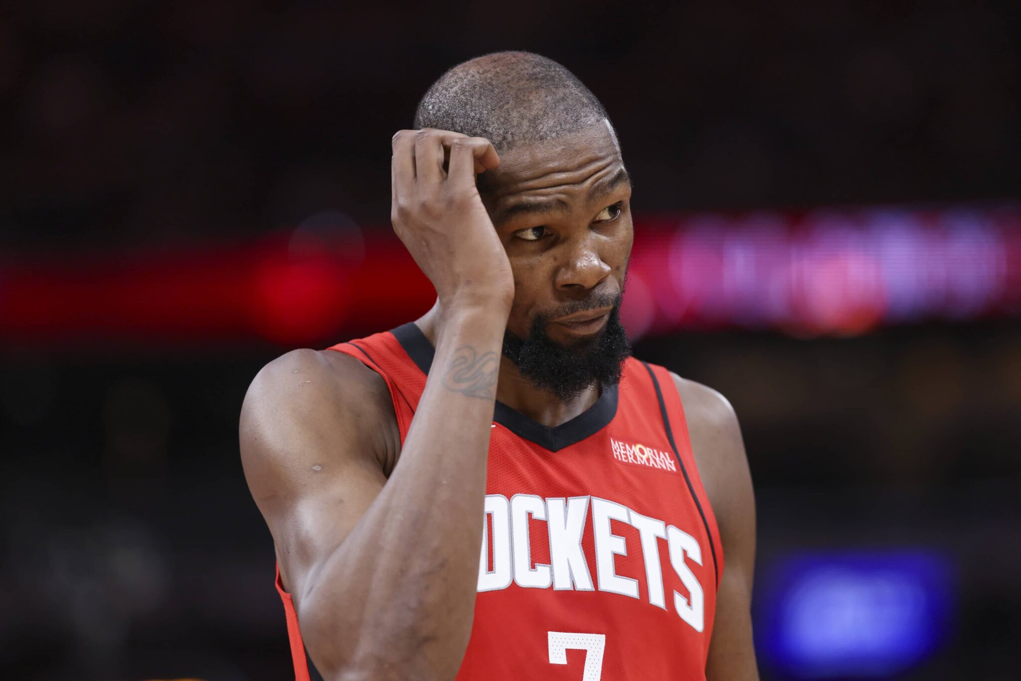 Houston, Texas, USA; Houston Rockets forward Kevin Durant (7) reacts after a play during the third quarter against the Detroit Pistons at Toyota Center. Mandatory Credit: Troy Taormina-Imagn Images