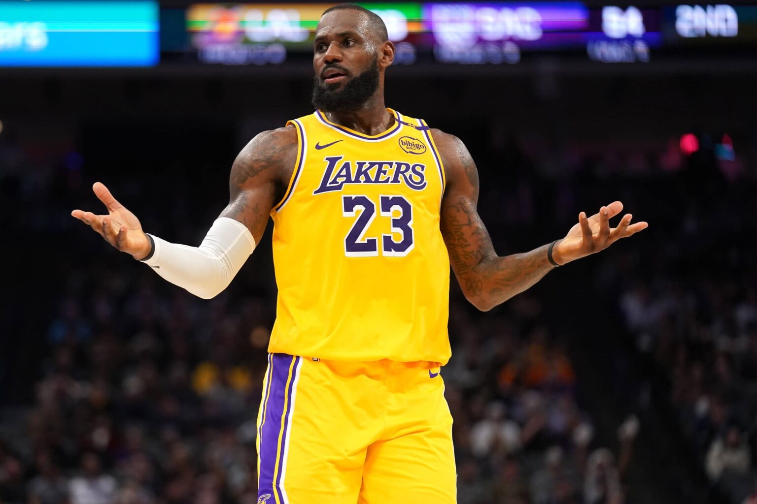 Sacramento, California, USA; Los Angeles Lakers forward LeBron James (23) reacts after missing a shot against the Sacramento Kings in the second quarter at the Golden 1 Center. Mandatory Credit: Cary Edmondson-Imagn Images