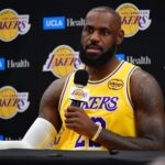 Los Angeles, CA, USA; Los Angeles Lakers forward LeBron James (23) during media day at UCLA Health Training Center. Mandatory Credit: Gary A. Vasquez-Imagn Images
