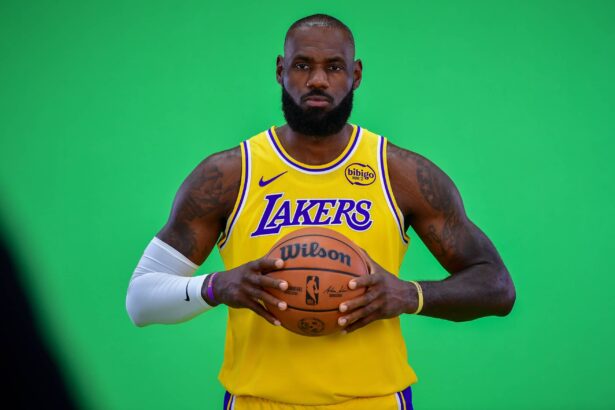 Los Angeles, CA, USA; Los Angeles Lakers forward LeBron James (23) during media day at UCLA Health Training Center. Mandatory Credit: Gary A. Vasquez-Imagn Images