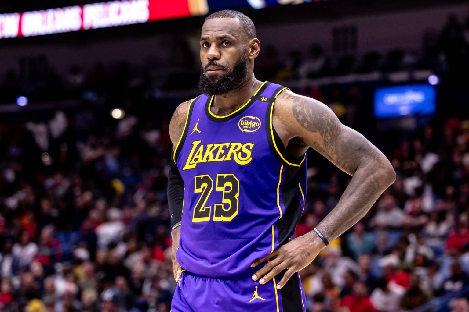 New Orleans, Louisiana, USA; Los Angeles Lakers forward LeBron James (23) looks on against the New Orleans Pelicans during the first half at Smoothie King Center. Mandatory Credit: Stephen Lew-Imagn Images