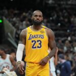 San Antonio, Texas, USA; Los Angeles Lakers forward LeBron James (23) looks over in the second half against the San Antonio Spurs at Frost Bank Center. Mandatory Credit: Daniel Dunn-Imagn Images